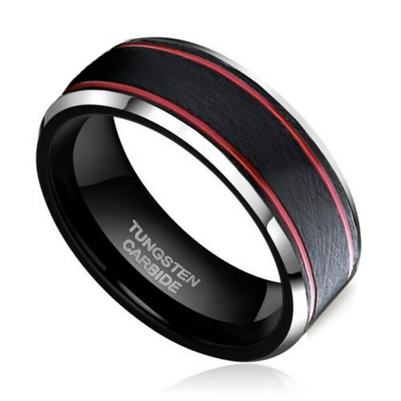 Wedding Rings For Men. 8mm Black Tungsten w Double Red Lines & Silver Edges