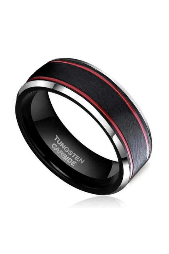 Wedding Rings For Men. 8mm Black Tungsten w Double Red Lines & Silver Edges