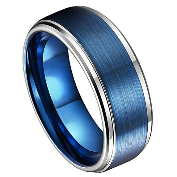 Wedding Rings For Men. 8mm Blue Matte Tungsten Wedding Band w/ Silver Edges
