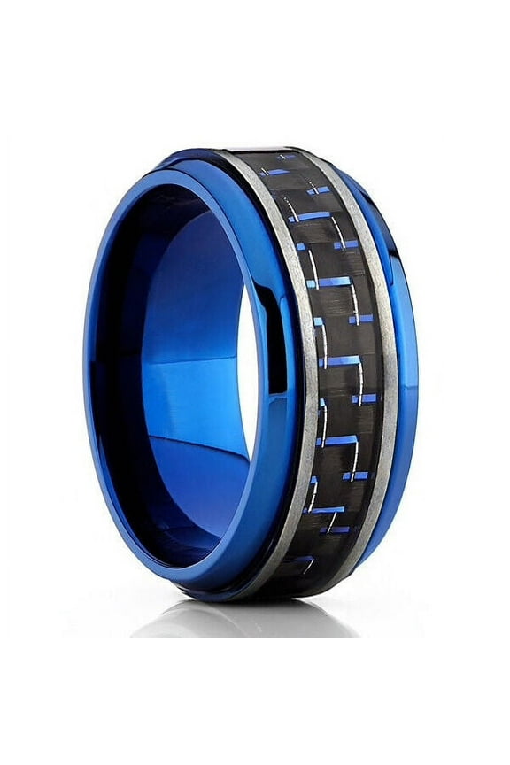 Wedding Rings For Men 8mm Blue Titanium Band Black & Blue Dash Carbon Fiber