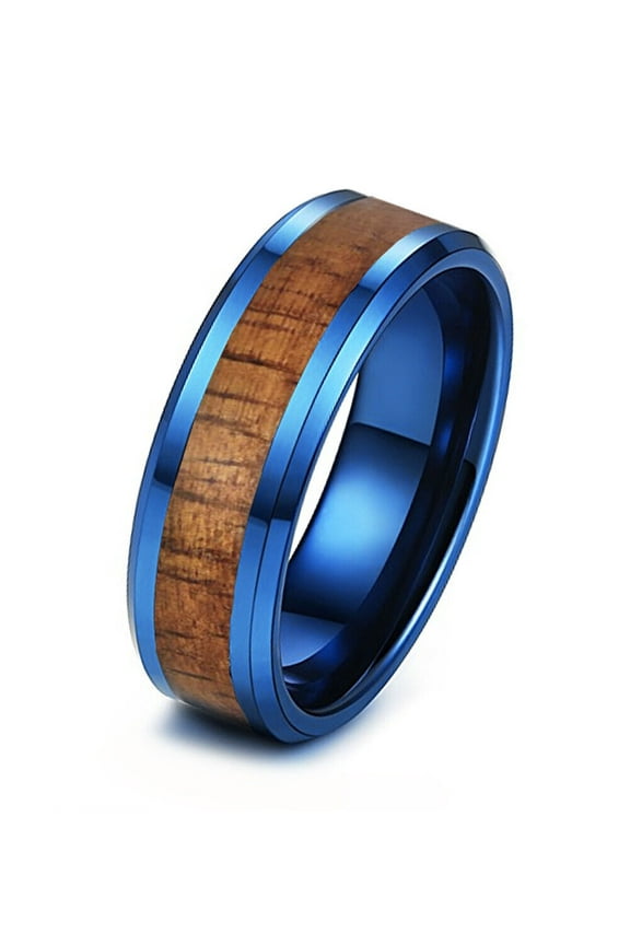 Wedding Rings For Men. 8mm Blue Tungsten & Koa Wood Wedding Band