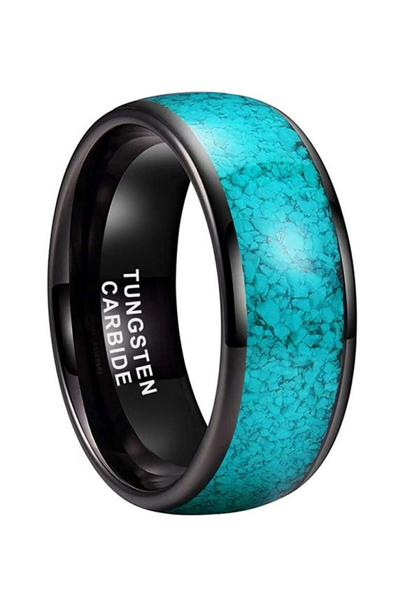 Wedding Rings For Men. 8mm Crushed Turquoise Black Tungsten Wedding Band