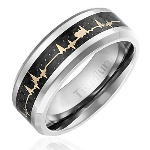 Wedding Rings For Men. 8mm EKG Heartbeat Wedding Ring Gold w/ Black Carbon