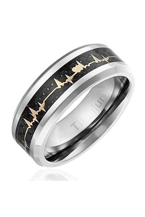 Wedding Rings For Men. 8mm EKG Heartbeat Wedding Ring Gold w/ Black Carbon