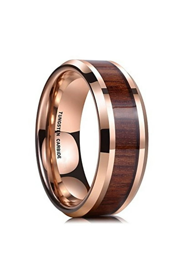Wedding Rings For Men. 8mm Rose Gold & Koa Wood Tungsten Wedding Band