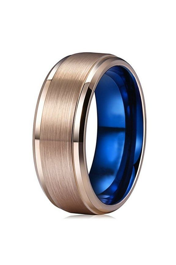 Wedding Rings For Men. 8mm Rose Gold Matte Tungsten Wedding Band Blue Inlay