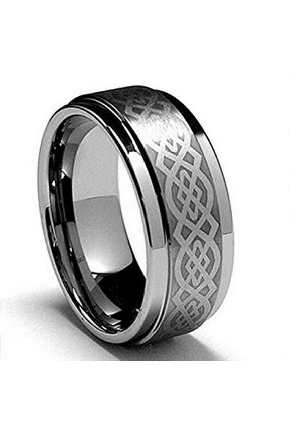 Wedding Rings For Men 8mm Silver Tungsten Band w Laser Celtic Knot Warranty