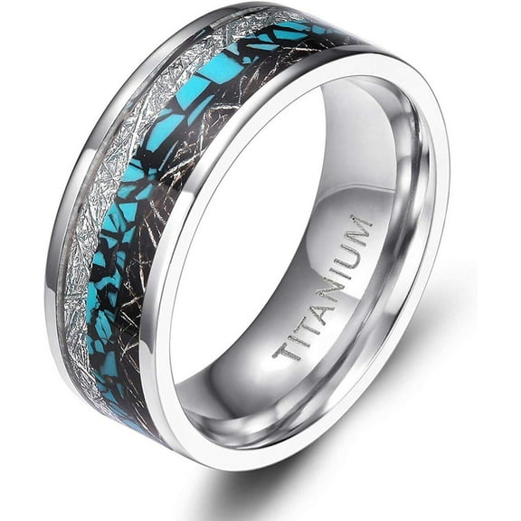 Wedding Rings For Men. 8mm Steel Band w Turquoise & Duo Meteorite Inlay