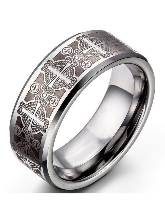 Wedding Rings For Men. Silver 8mm Tungsten Band Laser Celtic Knot & Crosses