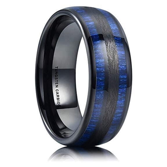 Wedding Rings For Men & Women. 8mm Black Tungsten Band Dual Blue Wood Inlay
