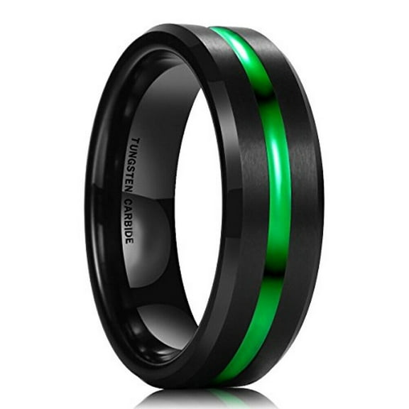 Wedding Rings For Men & Women. 8mm Black Tungsten Band w/ Green Groove Line
