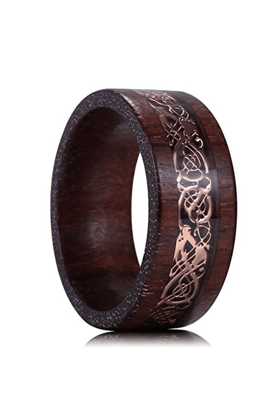 Wedding Rings For Men Women. 8mm Wood Wedding Band w Rose Gold Celtic Inlay