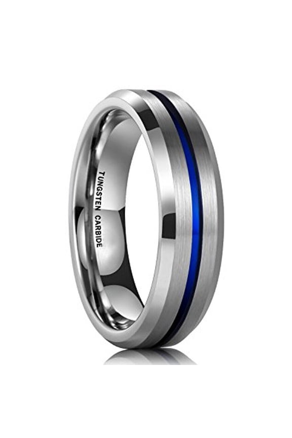 Wedding Rings For Men or Women. 6mm Silver Tungsten Wedding Band Blue Line