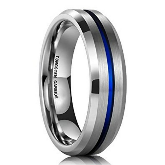 Wedding Rings For Men or Women. 6mm Silver Tungsten Wedding Band Blue Line
