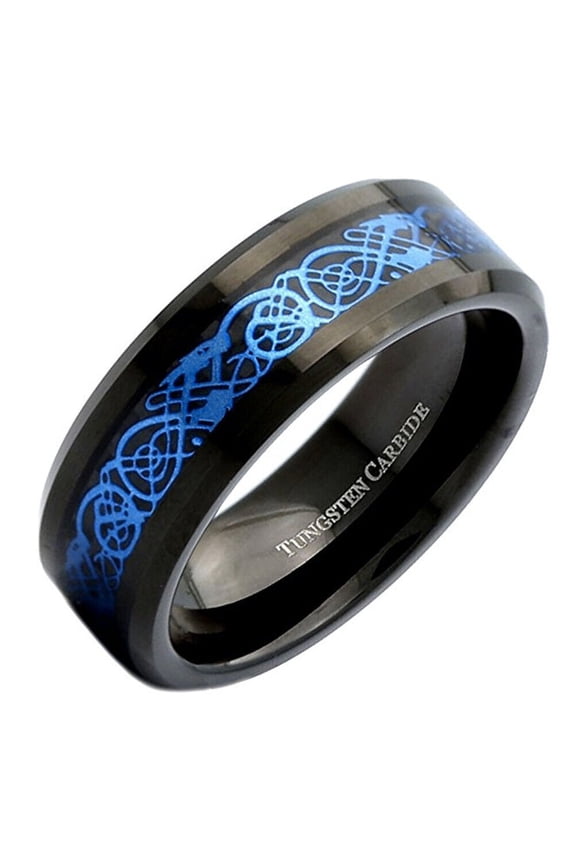 Wedding Rings For Men or Women 8mm Black Tungsten Band Blue Celtic Knot