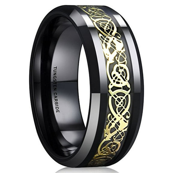 Wedding Rings For Men or Women. 8mm Black Tungsten Band Gold Celtic Knot