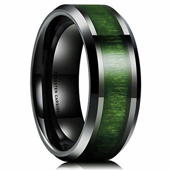 Wedding Rings For Men or Women. 8mm Black Tungsten Band Green Wood Inlay