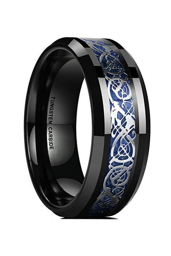 Wedding Rings For Men or Women. 8mm Black Tungsten Band Silver Blue Celtic