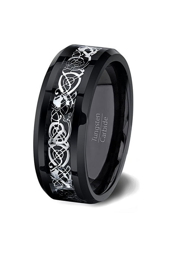 Wedding Rings For Men or Women. 8mm Black Tungsten Band Silver Celtic Knot