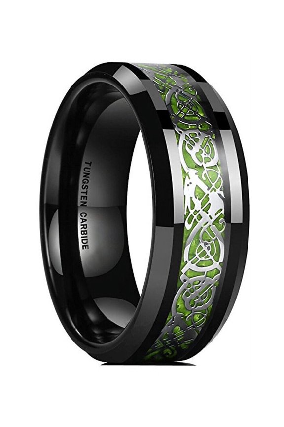 Wedding Rings For Men or Women. 8mm Black Tungsten Band Silver Green Celtic