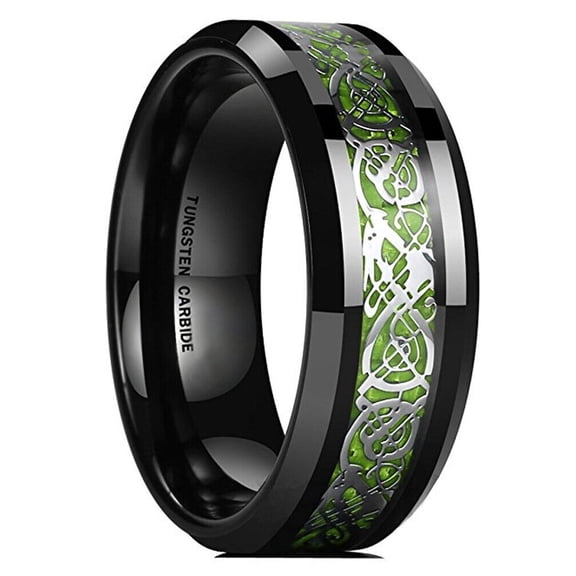 Wedding Rings For Men or Women. 8mm Black Tungsten Band Silver Green Celtic