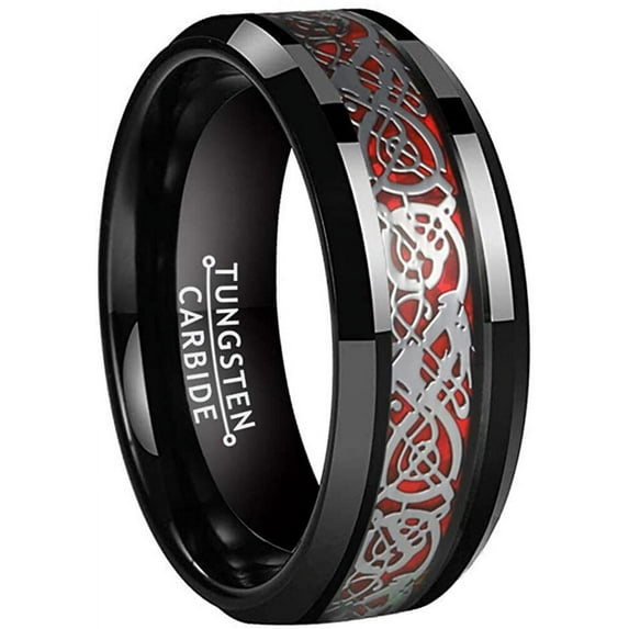 Wedding Rings For Men or Women. 8mm Black Tungsten Band Silver Red Celtic