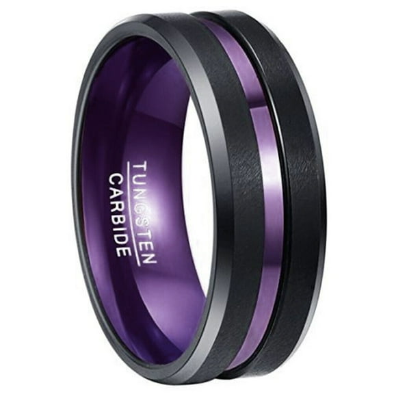 Wedding Rings For Men or Women 8mm Black Tungsten Band w Purple Groove Line
