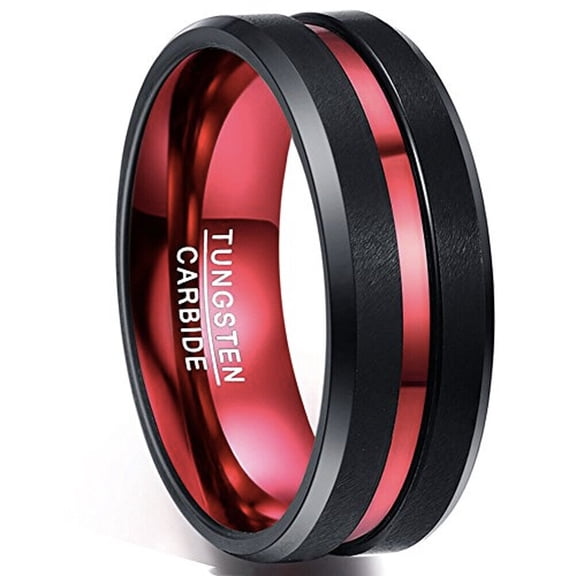 Wedding Rings For Men or Women. 8mm Black Tungsten Band w/ Red Groove Line