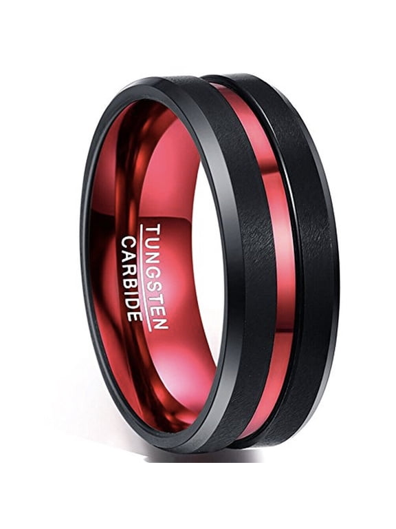 Wedding Rings For Men or Women. 8mm Black Tungsten Band w/ Red Groove Line