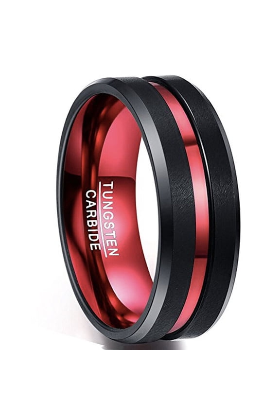 Wedding Rings For Men or Women. 8mm Black Tungsten Band w/ Red Groove Line