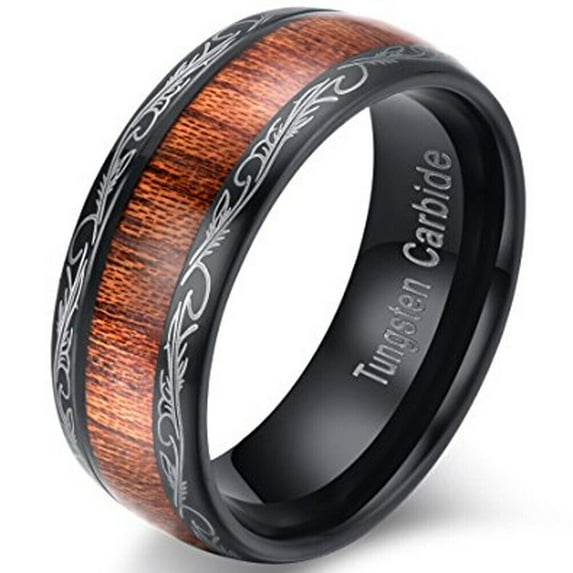 Wedding Rings For Men or Women. 8mm Black Tungsten Wedding Band Wood Tribal
