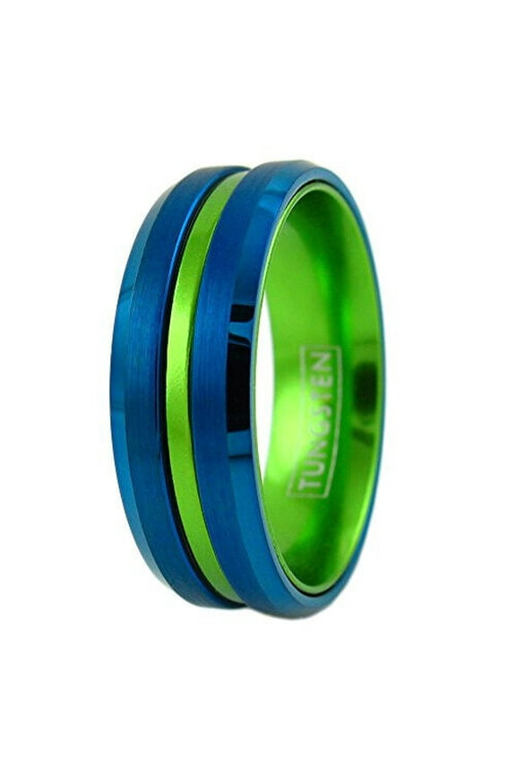 Wedding Rings For Men or Women 8mm Blue Tungsten Band w Green Groove Line
