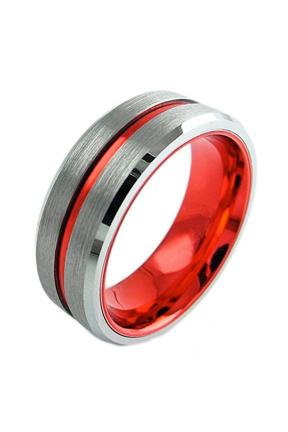 Wedding Rings For Men or Women 8mm Gray Tungsten Band w Red Groove Line