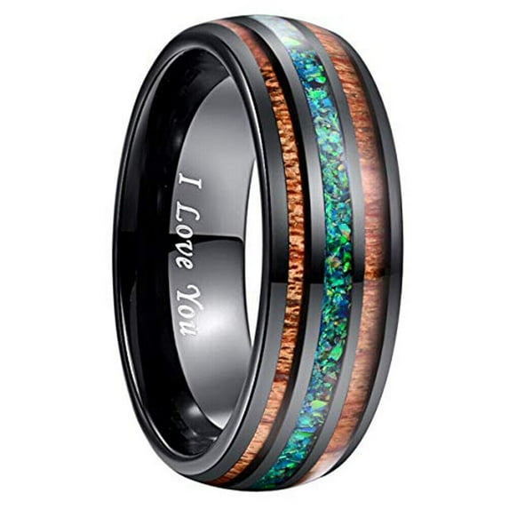 Wedding Rings For Men or Women. 8mm Wood & Green Opal Tungsten Wedding Band