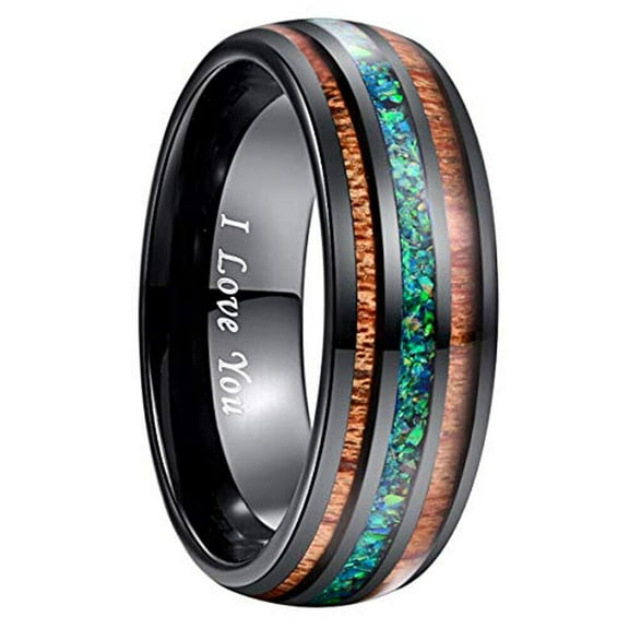 Wedding Rings For Men or Women. 8mm Wood & Green Opal Tungsten Wedding Band
