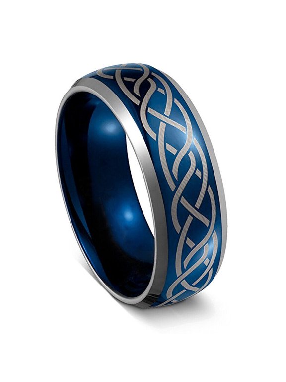 Wedding Rings For Men or Women. Blue 8mm Tungsten Band Laser Celtic Knot