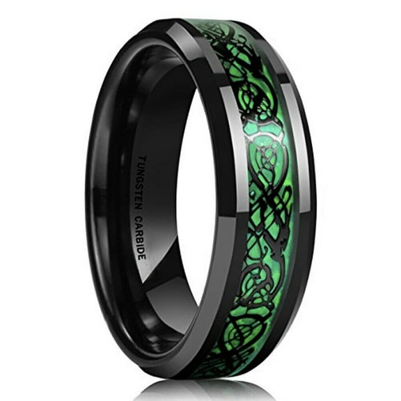 Wedding Rings For Women 6mm Black Celtic Tungsten Band w/ Green Inlay