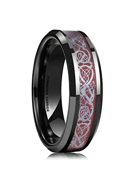 Wedding Rings For Women. 6mm Black Tungsten Band w/ Silver Red Celtic Inlay
