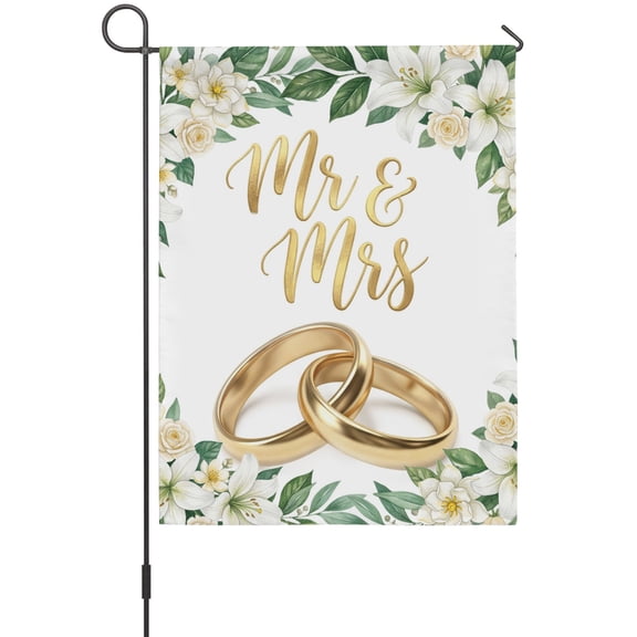 Wedding Rings Garden Flags For Outdoor, Luxury Wedding Mr Mrs White Flowers Small Double Side Yard Flags Weather Proof Garden Decor for Lawn Outside Holiday 12 x 18 Inches