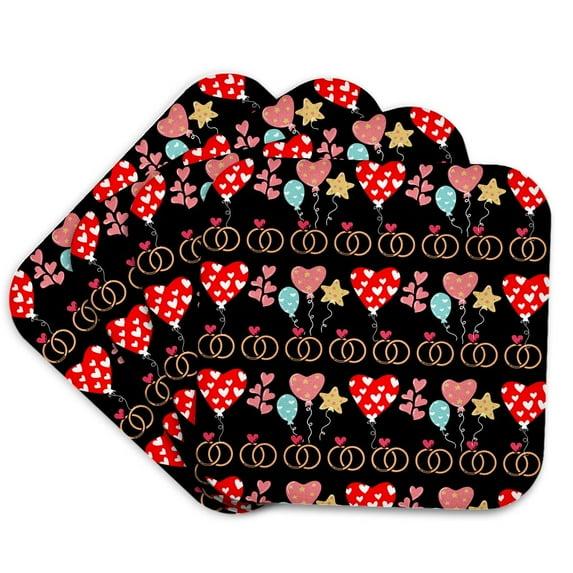 3drose, Wedding Rings, Heart Balloons, Balloons, Hearts, Red, Pink, Blue, Yellow, Black, Cute, Set of 4 Coasters - Soft