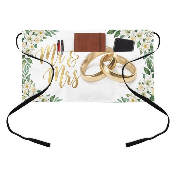 Wedding Rings Kitchen Restaurant Half Waist Apron, Luxury Wedding Mr Mrs White Flowers Server Short Apron with 3 Pockets Waterproof Oil Waist Aprons for Women Waitress Waiter
