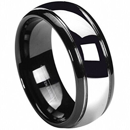 Wedding Rings Men. 8mm Domed Polished Black & Silver Tungsten Wedding Band