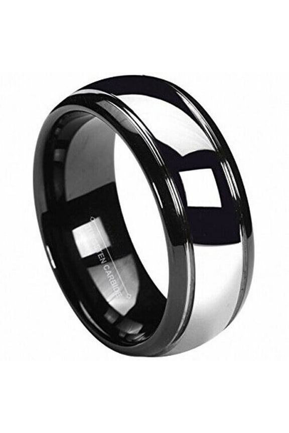 Wedding Rings Men. 8mm Domed Polished Black & Silver Tungsten Wedding Band