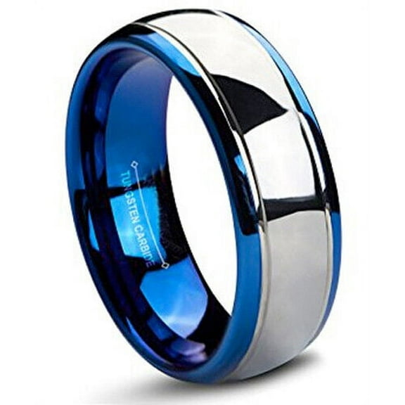 Wedding Rings Men. 8mm Domed Polished Blue & Silver Tungsten Wedding Band