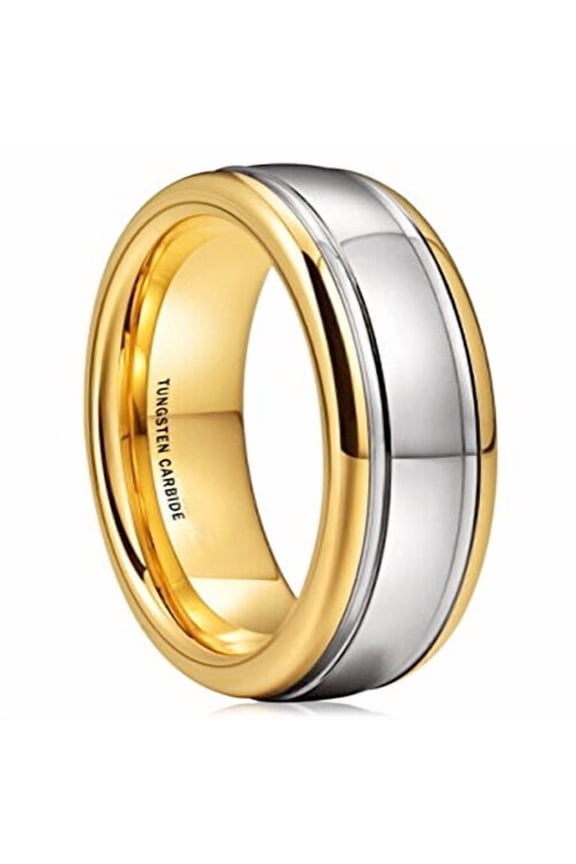 Wedding Rings Men. 8mm Domed Polished Gold & Silver Tungsten Wedding Band