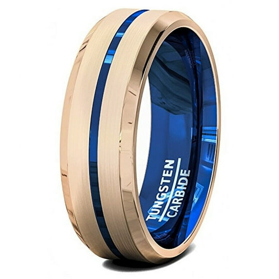 Wedding Rings Men. 8mm Rose Gold Tungsten Wedding Band Blue Groove & Inside