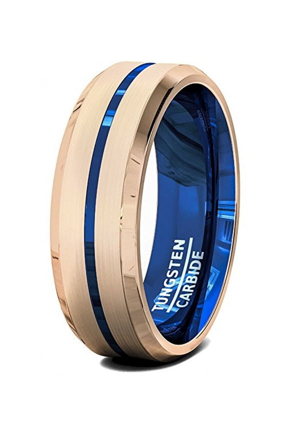 Wedding Rings Men. 8mm Rose Gold Tungsten Wedding Band Blue Groove & Inside