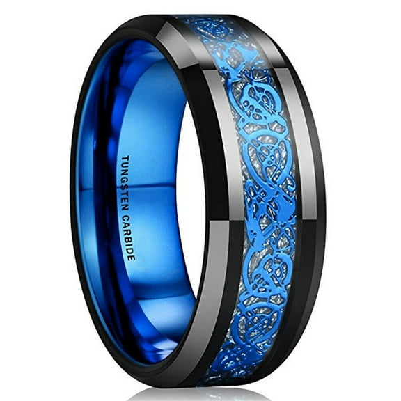 Wedding Rings Men & Women 8mm Black & Blue Celtic Tungsten Band w Meteorite
