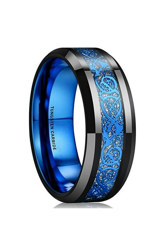 Wedding Rings Men & Women 8mm Black & Blue Celtic Tungsten Band w Meteorite