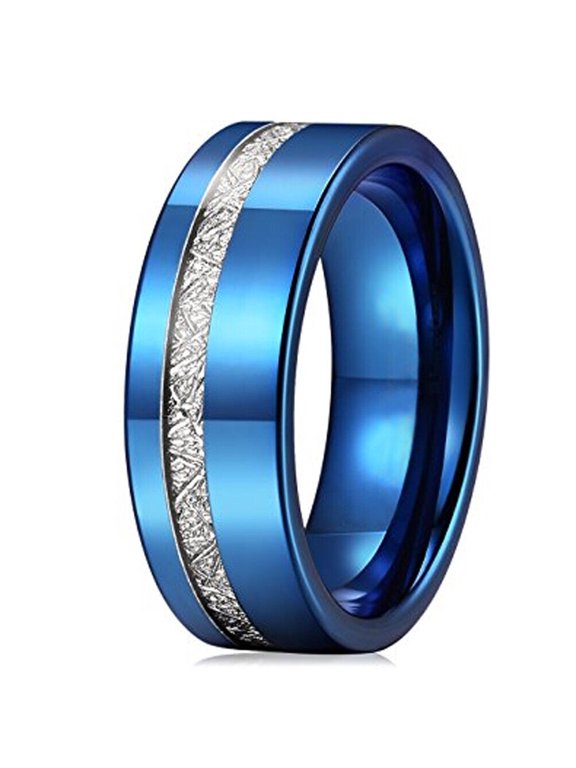 Wedding Rings Men Women 8mm Blue Tungsten Band Thin Line Inspired Meteorite